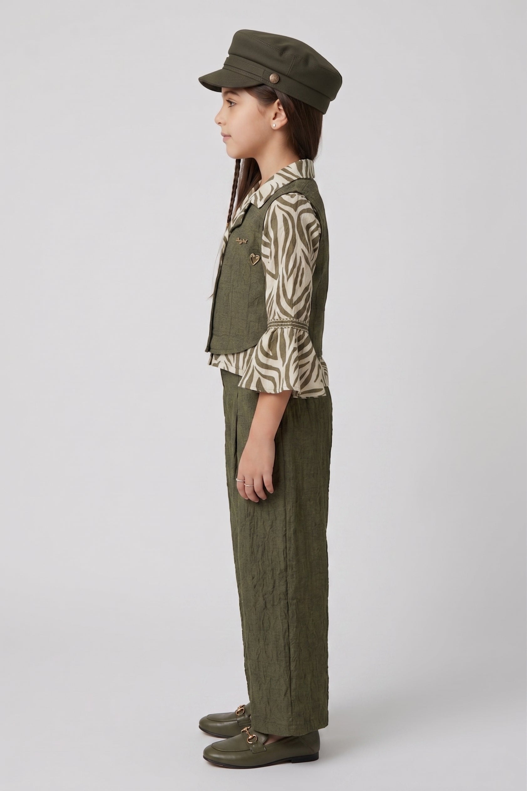 Olive Green Zebra Print Layered 3-Piece Co-ord Set 3448