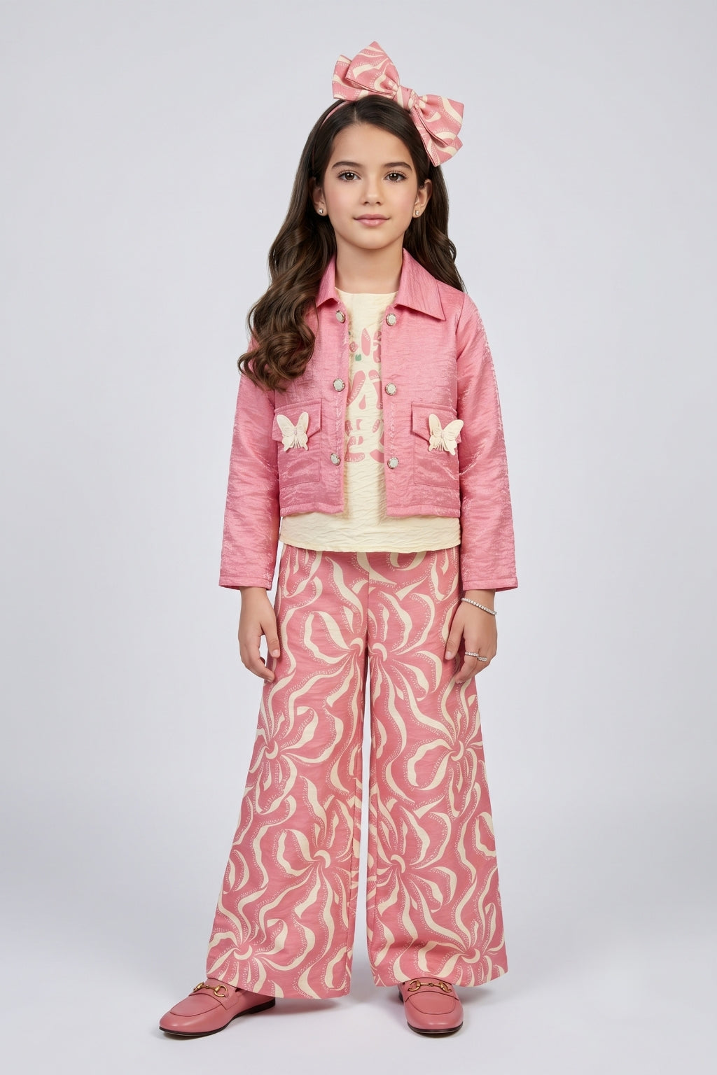 Pink Butterfly Appliqué 3-Piece Co-ord Set with Printed Wide-Leg Pants SET3456