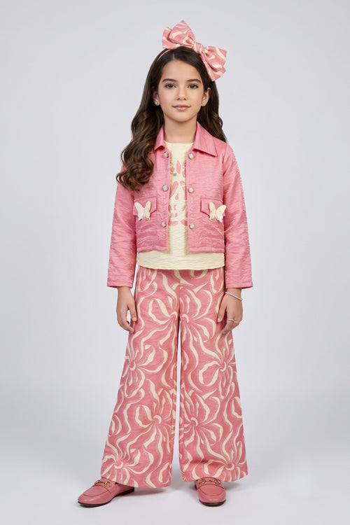 Pink Butterfly Appliqué 3-Piece Co-ord Set with Printed Wide-Leg Pants SET3456