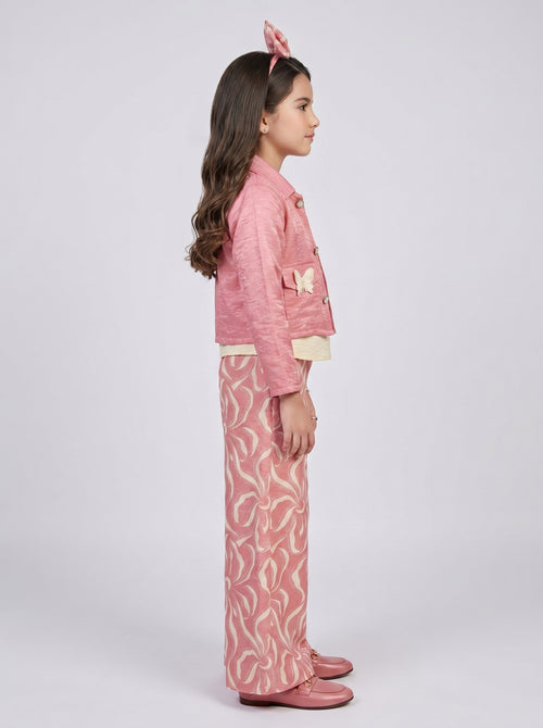 Pink Butterfly Appliqué 3-Piece Co-ord Set with Printed Wide-Leg Pants SET3456