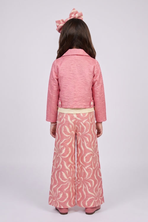 Pink Butterfly Appliqué 3-Piece Co-ord Set with Printed Wide-Leg Pants SET3456