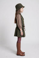 Olive Green Striped Shirt, Vest & Pleated Skirt Set 3455