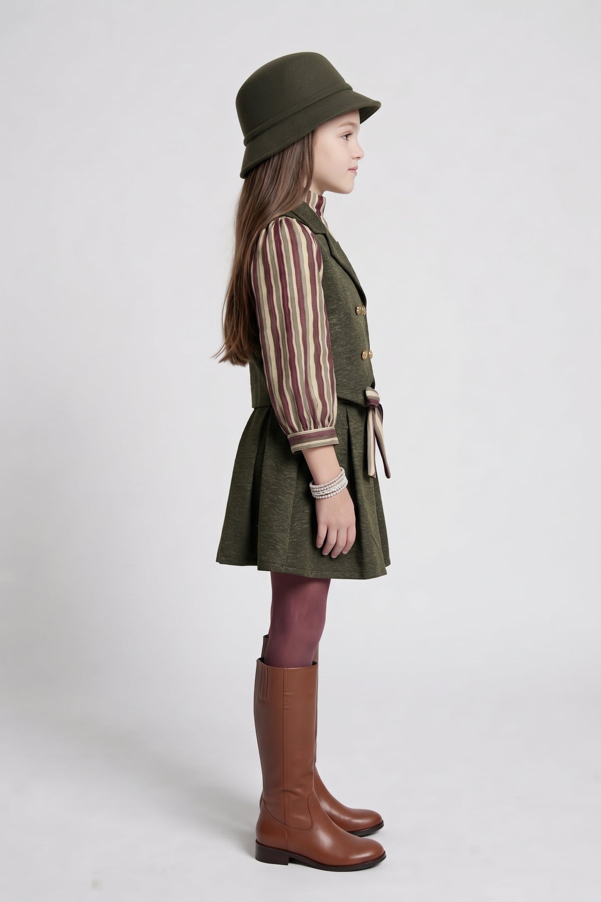 Olive Green Striped Shirt, Vest & Pleated Skirt Set 3455