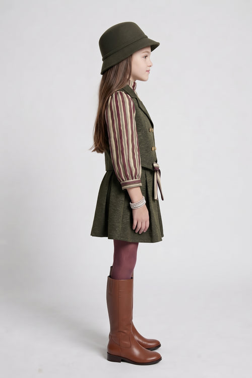 Olive Green Striped Shirt, Vest & Pleated Skirt Set 3455