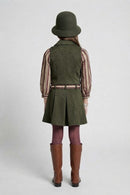 Olive Green Striped Shirt, Vest & Pleated Skirt Set 3455