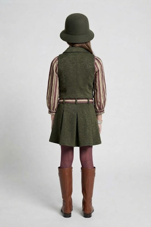 Olive Green Striped Shirt, Vest & Pleated Skirt Set 3455