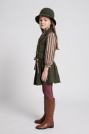 Olive Green Striped Shirt, Vest & Pleated Skirt Set 3455