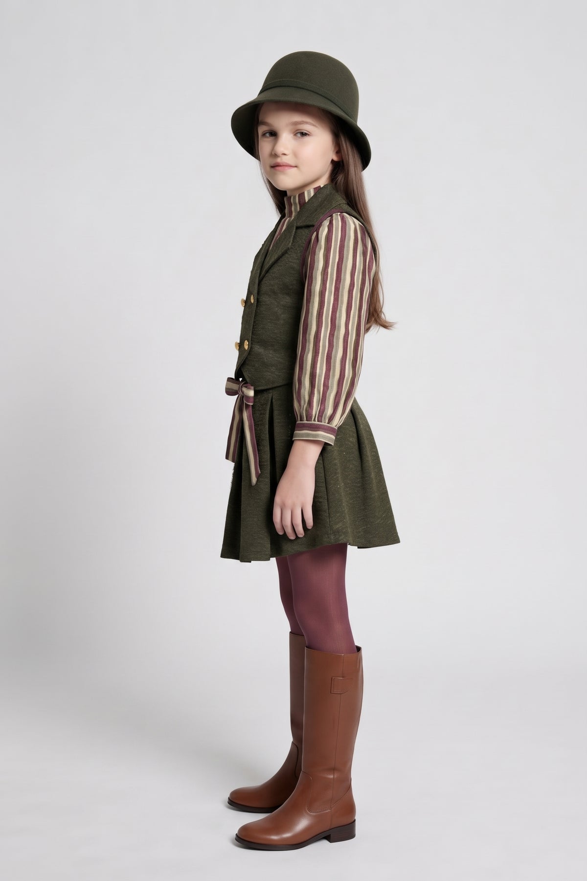Olive Green Striped Shirt, Vest & Pleated Skirt Set 3455