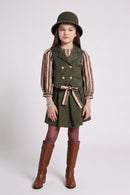 Olive Green Striped Shirt, Vest & Pleated Skirt Set 3455