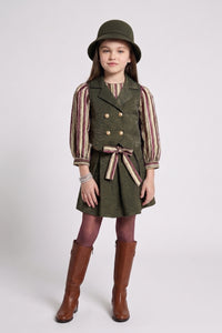 Olive Green Striped Shirt, Vest & Pleated Skirt Set 3455