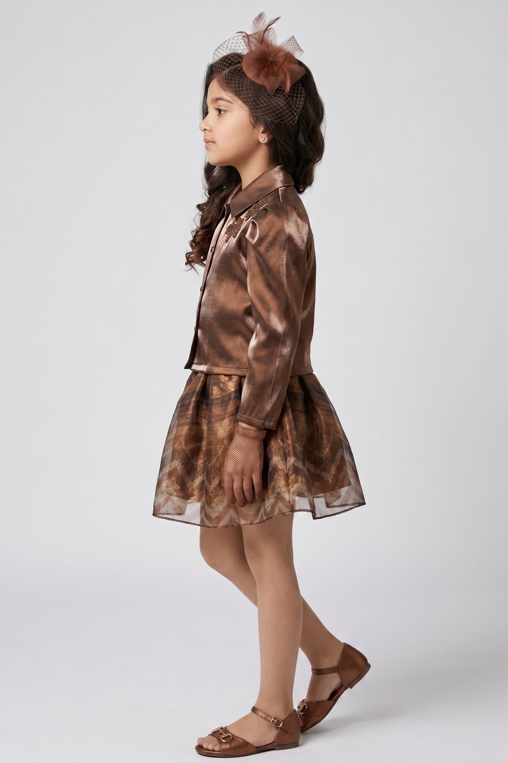 Brown Metallic Butterfly Embellished Jacket & Printed Skirt Co-ord Set 3456