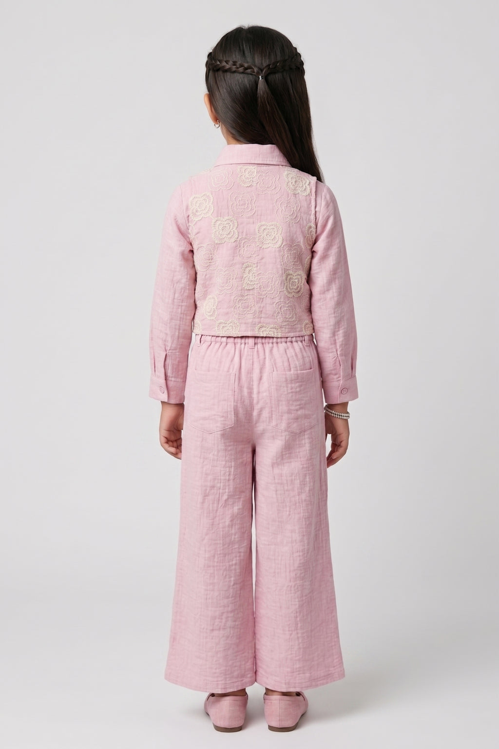Lavender Floral Embroidered Shirt, Vest & Wide-Leg Pant Co-ord Set 3463