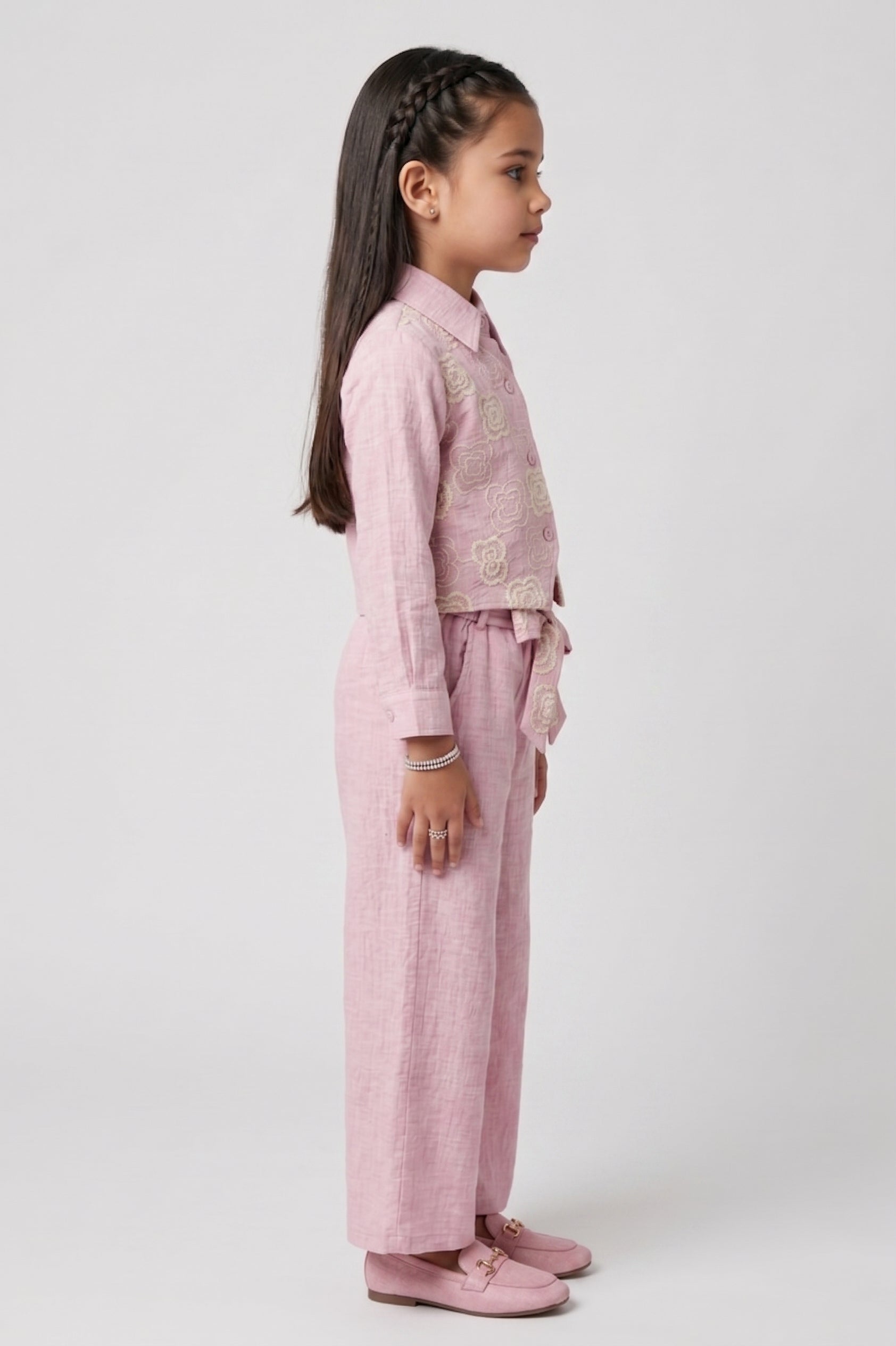 Lavender Floral Embroidered Shirt, Vest & Wide-Leg Pant Co-ord Set 3463