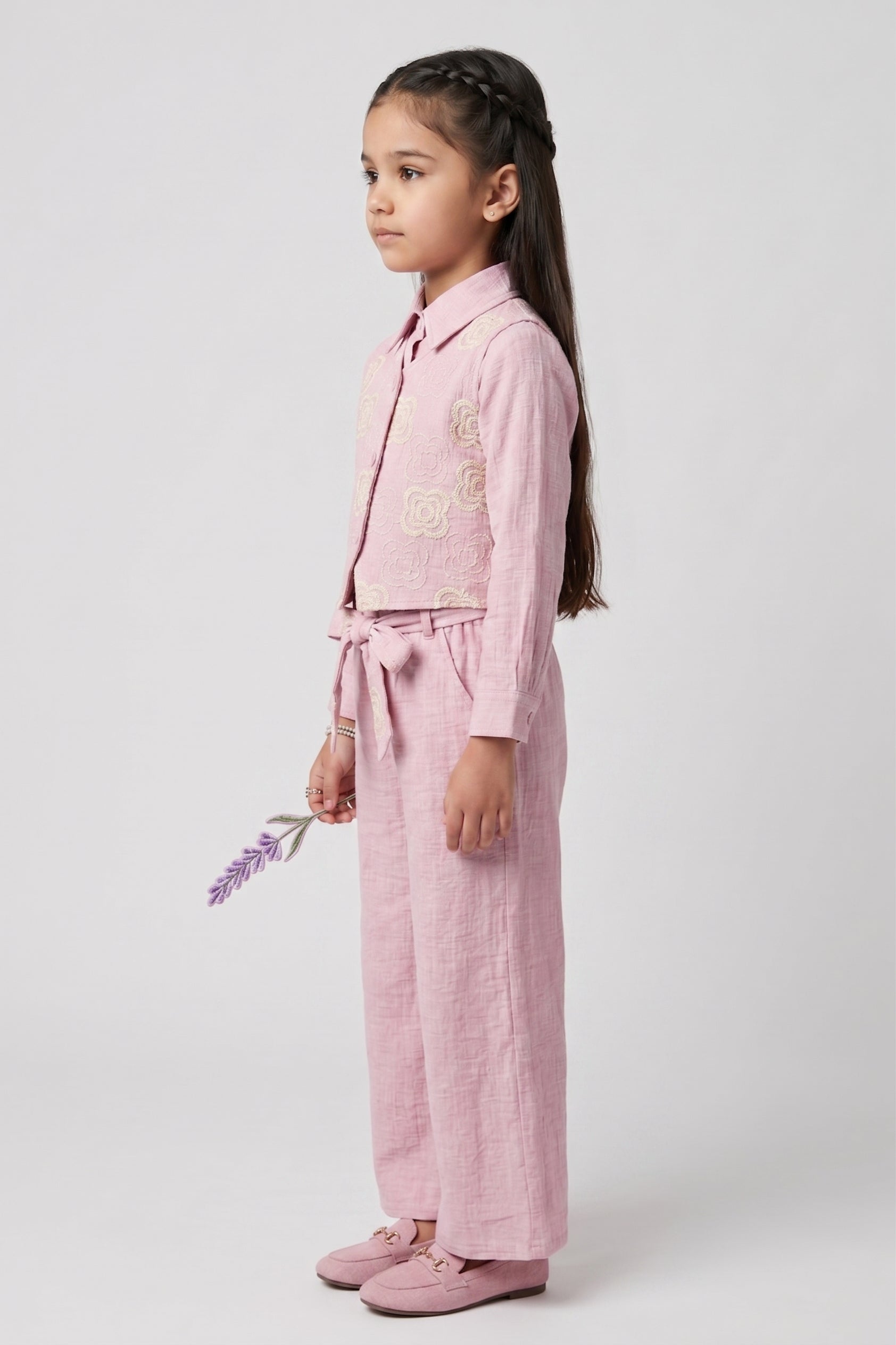 Lavender Floral Embroidered Shirt, Vest & Wide-Leg Pant Co-ord Set 3463