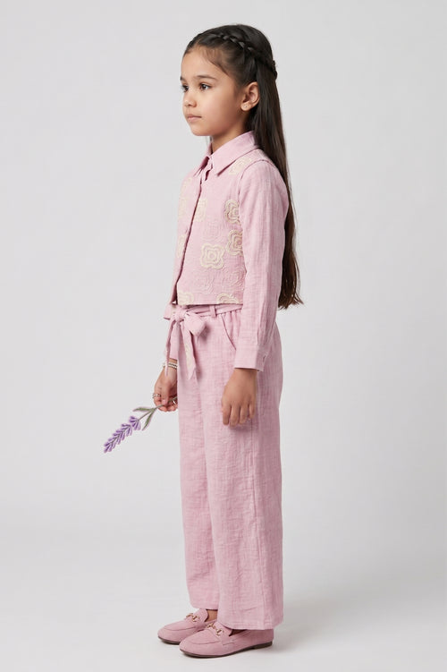 Lavender Floral Embroidered Shirt, Vest & Wide-Leg Pant Co-ord Set 3463