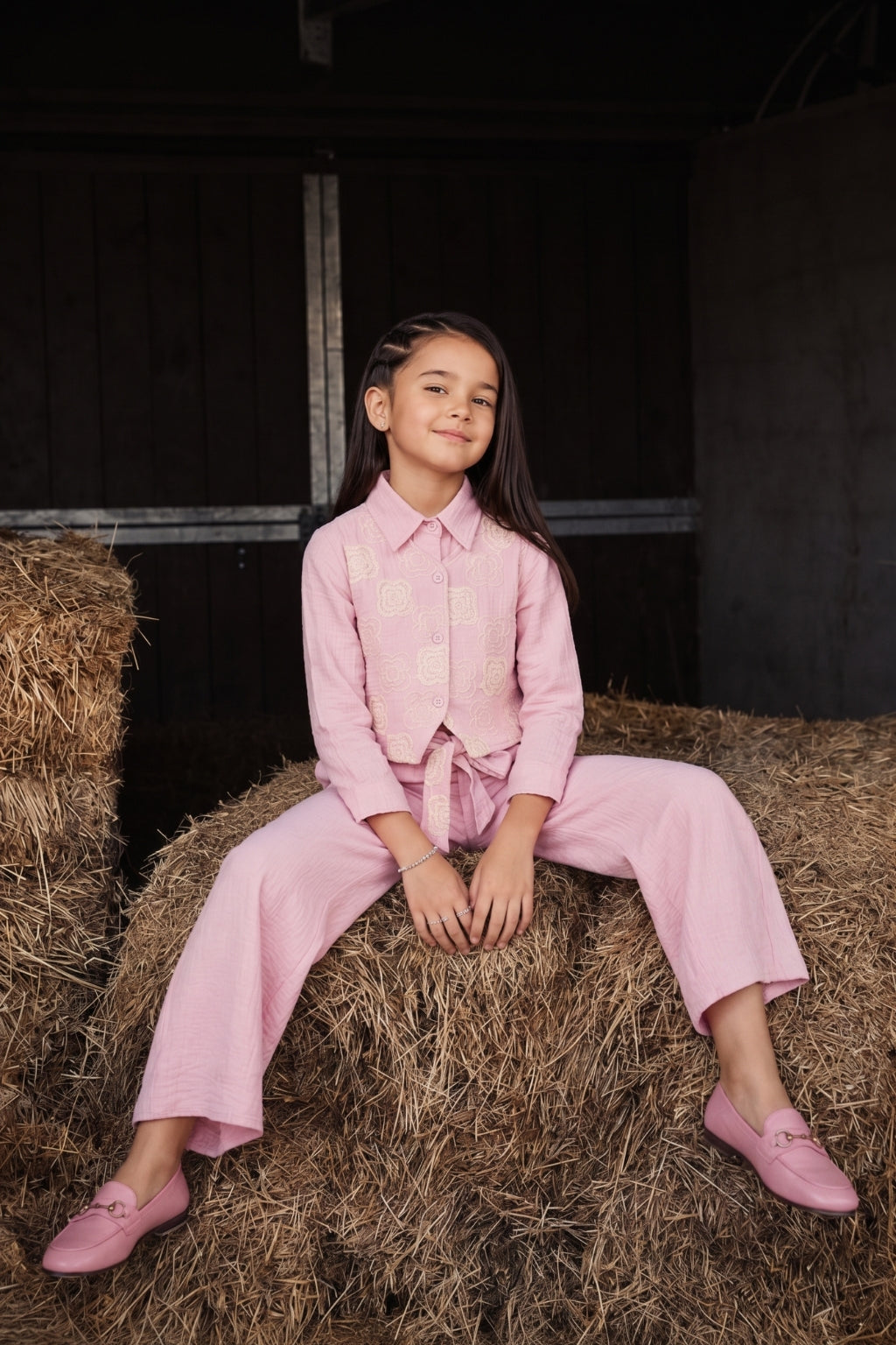 Lavender Floral Embroidered Shirt, Vest & Wide-Leg Pant Co-ord Set 3463