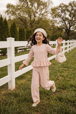 Peach Ruffle Top with Wide-Leg Trousers SET3464