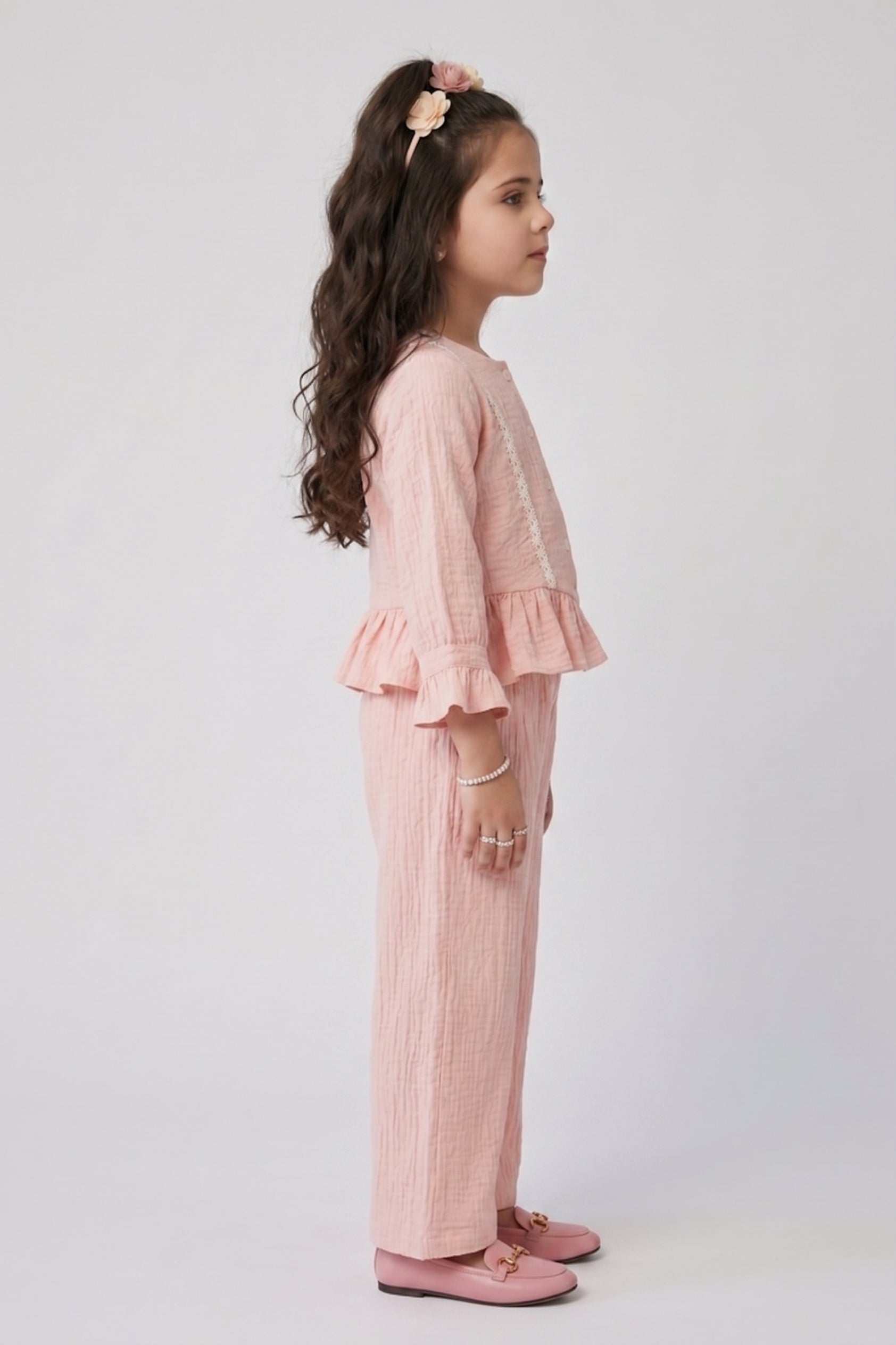 Peach Ruffle Top with Wide-Leg Trousers SET3464