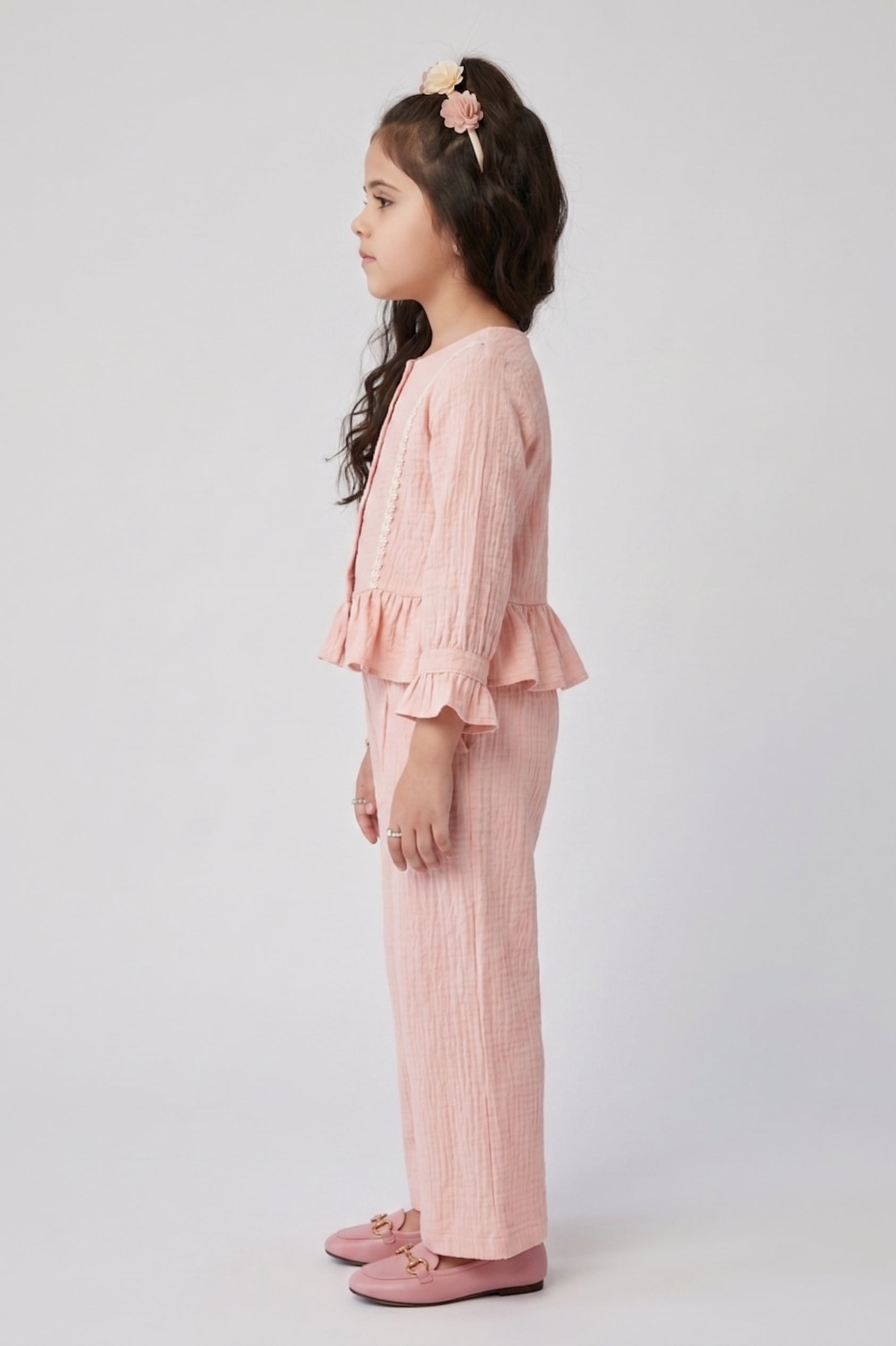 Peach Ruffle Top with Wide-Leg Trousers SET3464