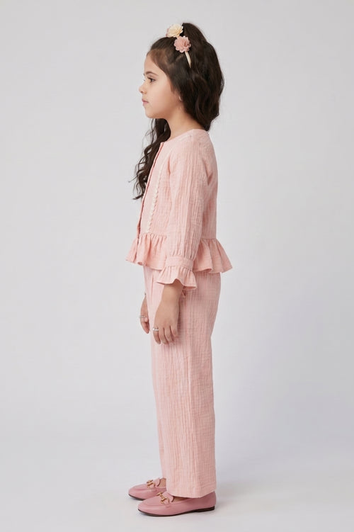 Peach Ruffle Top with Wide-Leg Trousers SET3464