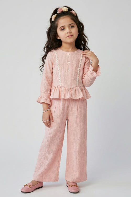 Peach Ruffle Top with Wide-Leg Trousers SET3464