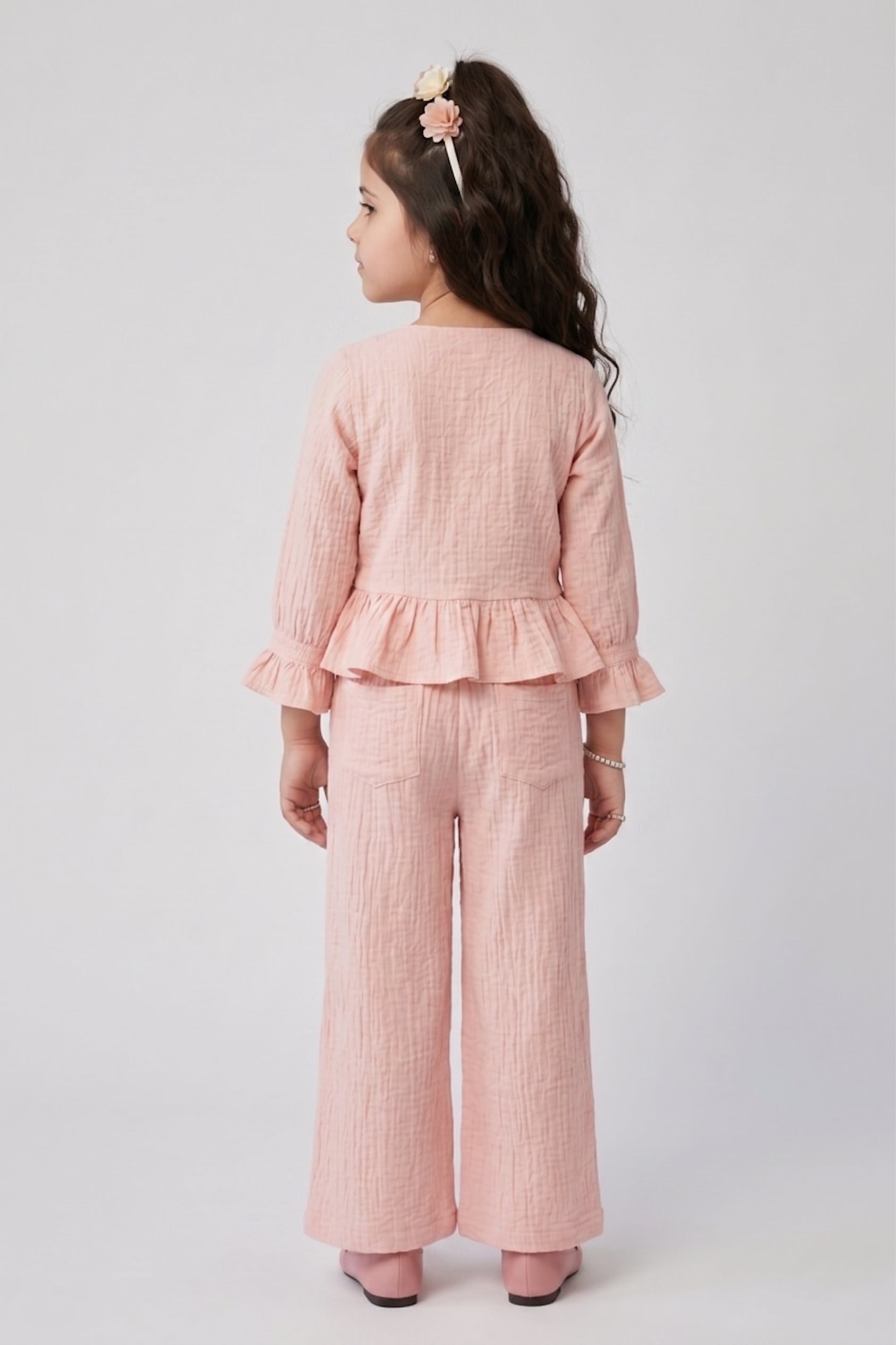 Peach Ruffle Top with Wide-Leg Trousers SET3464