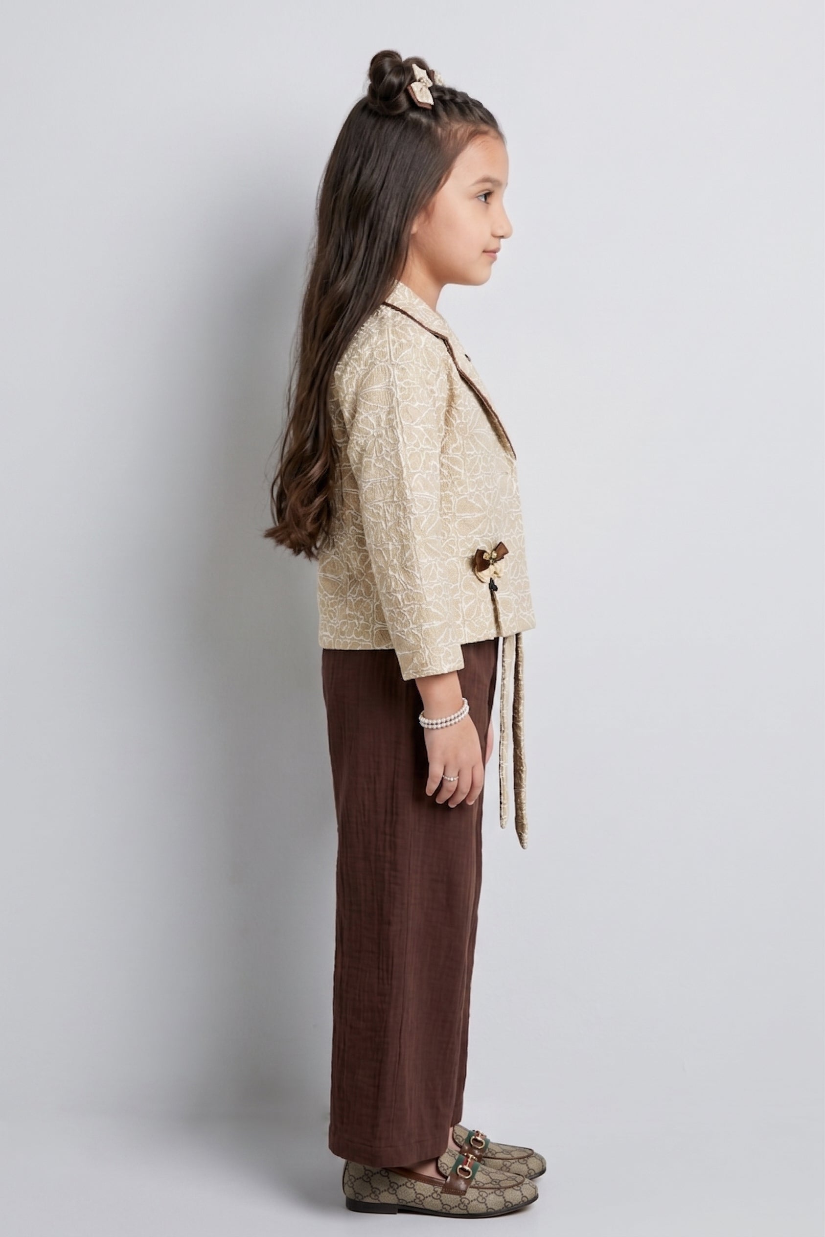 Beige Floral Blazer, Brown Top & Wide-Leg Pant 3-Piece Co-ord Set SET3471