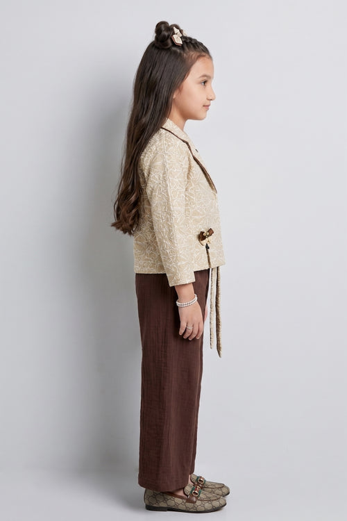 Beige Floral Blazer, Brown Top & Wide-Leg Pant 3-Piece Co-ord Set SET3471