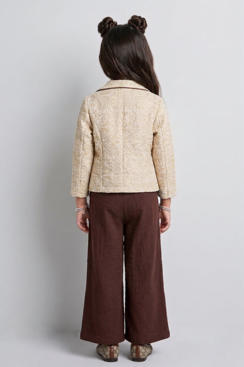 Beige Floral Blazer, Brown Top & Wide-Leg Pant 3-Piece Co-ord Set SET3471