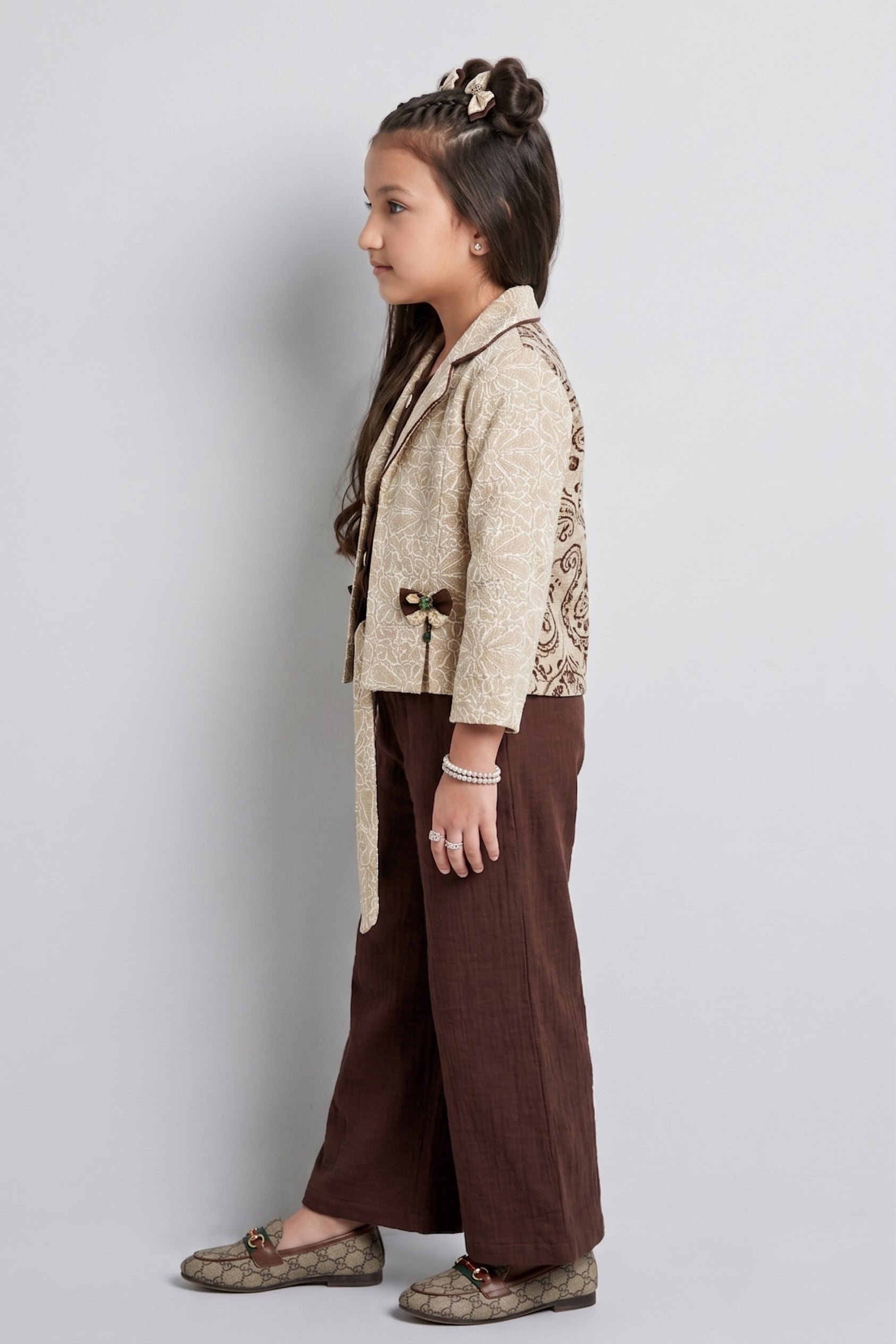 Beige Floral Blazer, Brown Top & Wide-Leg Pant 3-Piece Co-ord Set SET3471