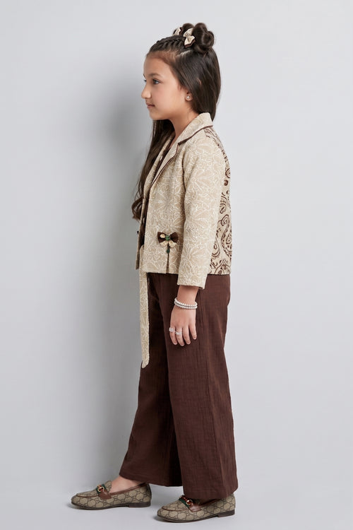 Beige Floral Blazer, Brown Top & Wide-Leg Pant 3-Piece Co-ord Set SET3471