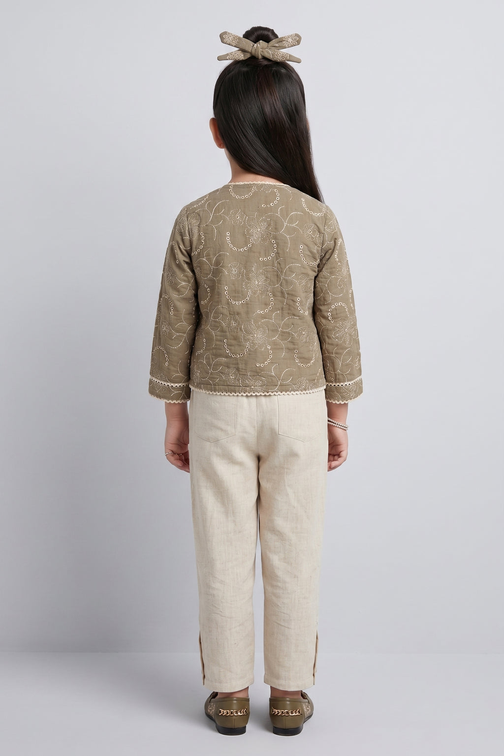 Taupe Embroidered Jacket & Cream Pant Co-ord Set 3475
