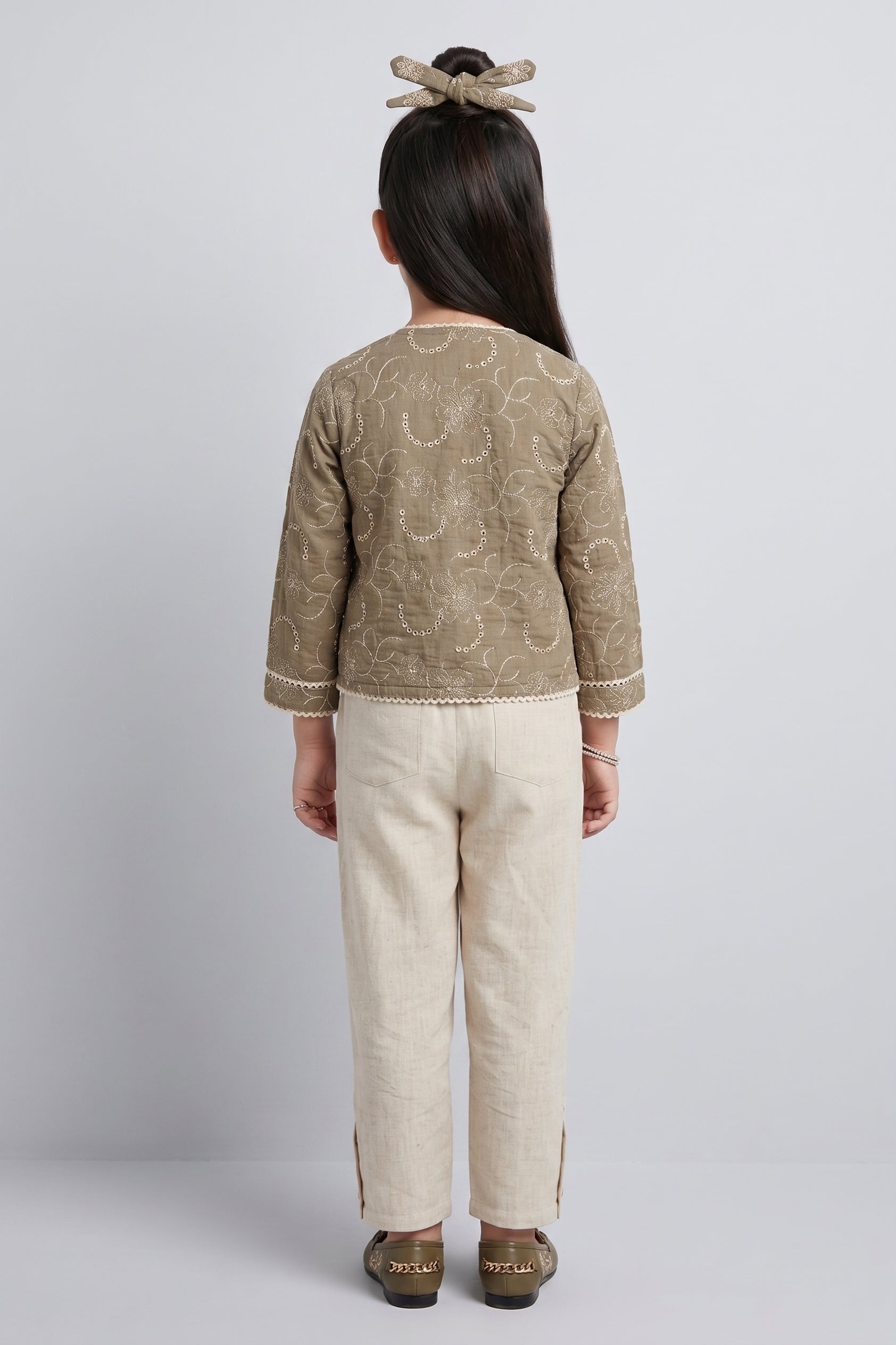Taupe Embroidered Jacket & Cream Pant Co-ord Set 3475