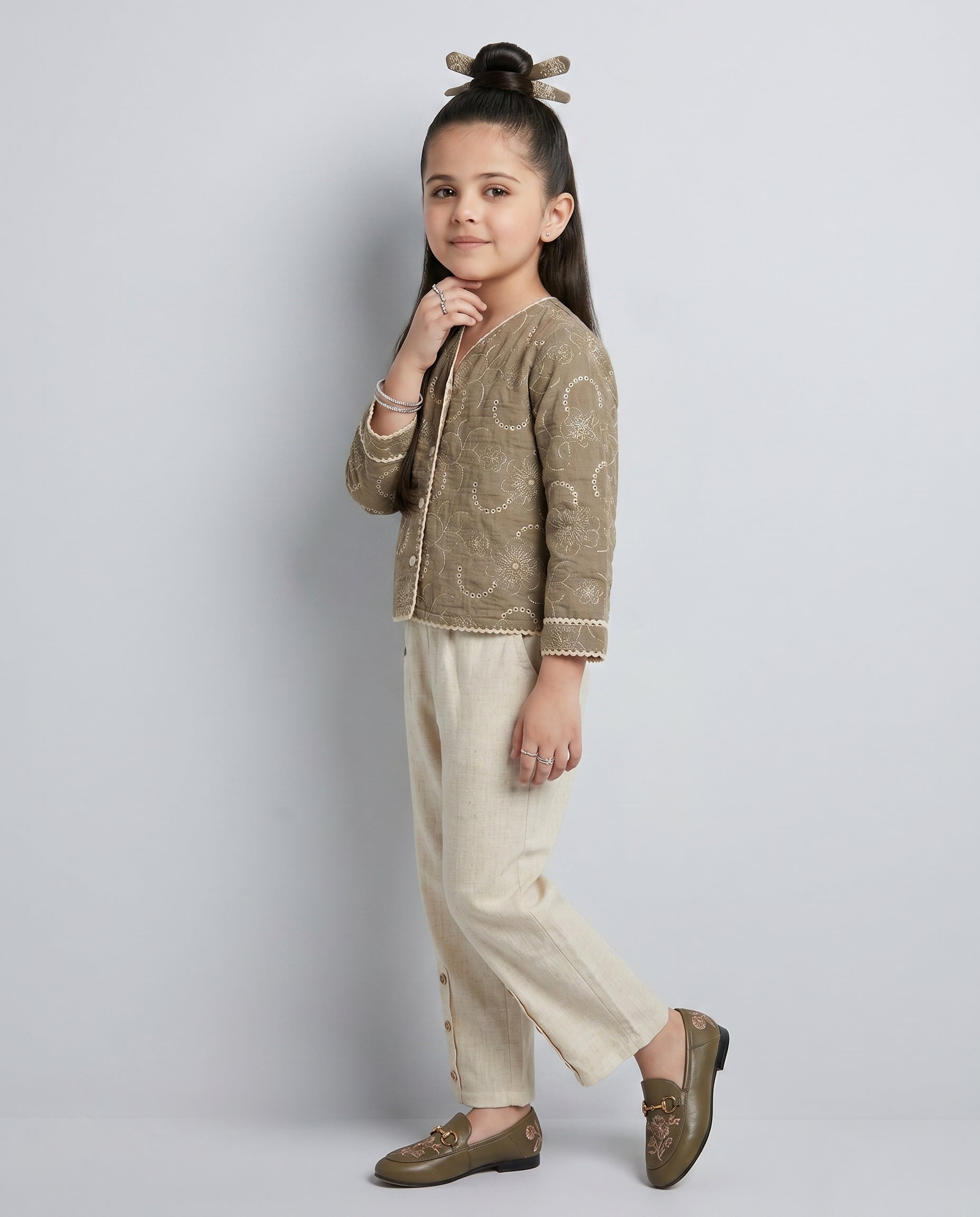 Taupe Embroidered Jacket & Cream Pant Co-ord Set 3475