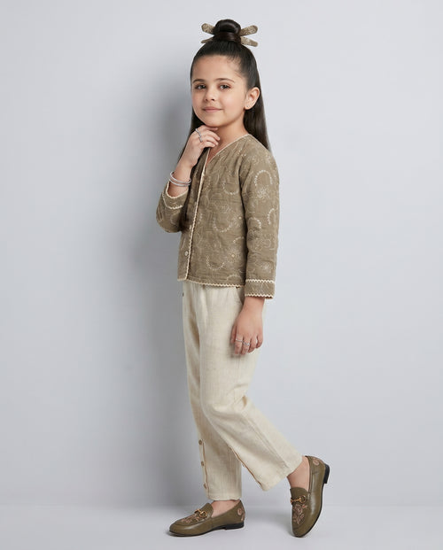 Taupe Embroidered Jacket & Cream Pant Co-ord Set 3475