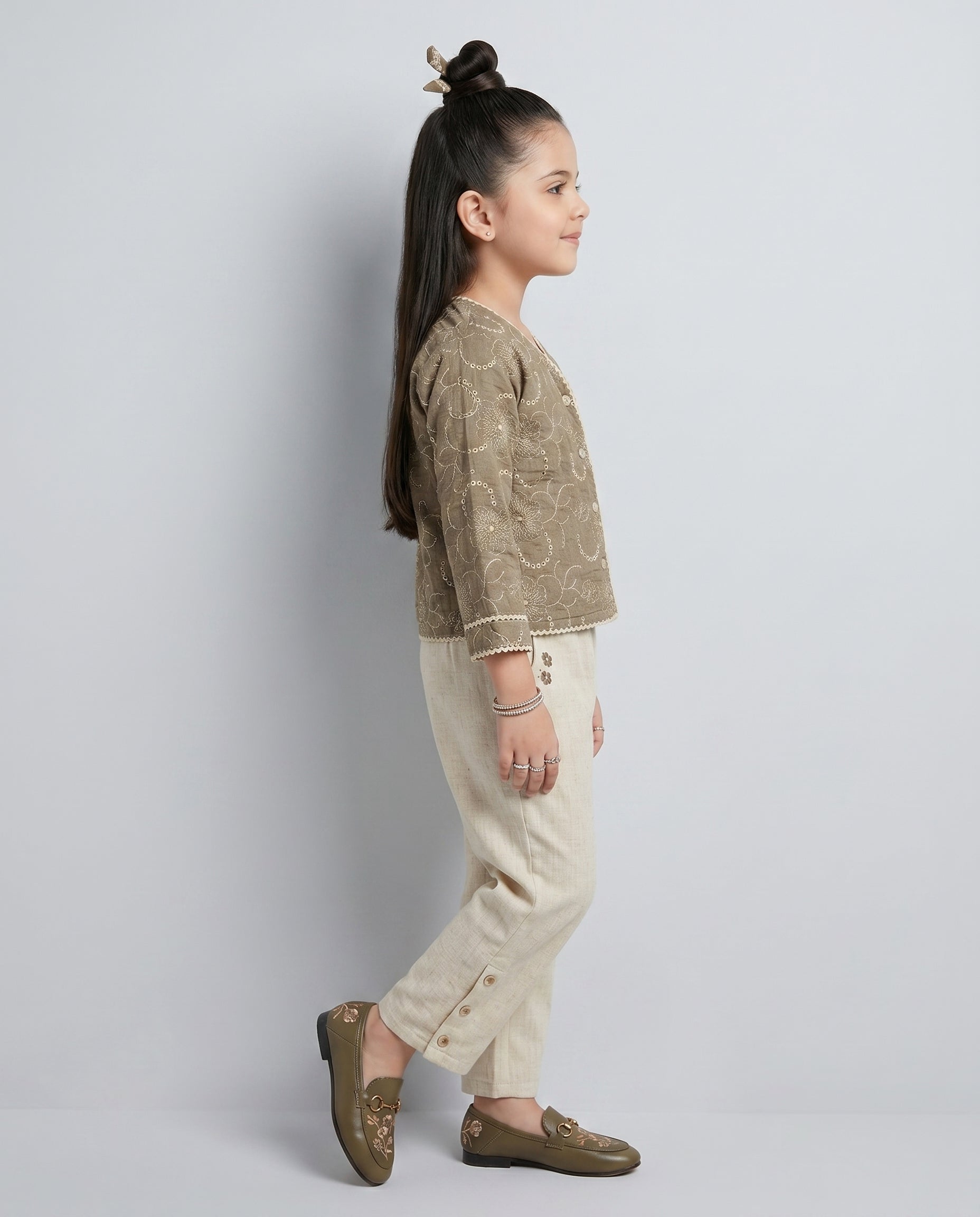 Taupe Embroidered Jacket & Cream Pant Co-ord Set 3475