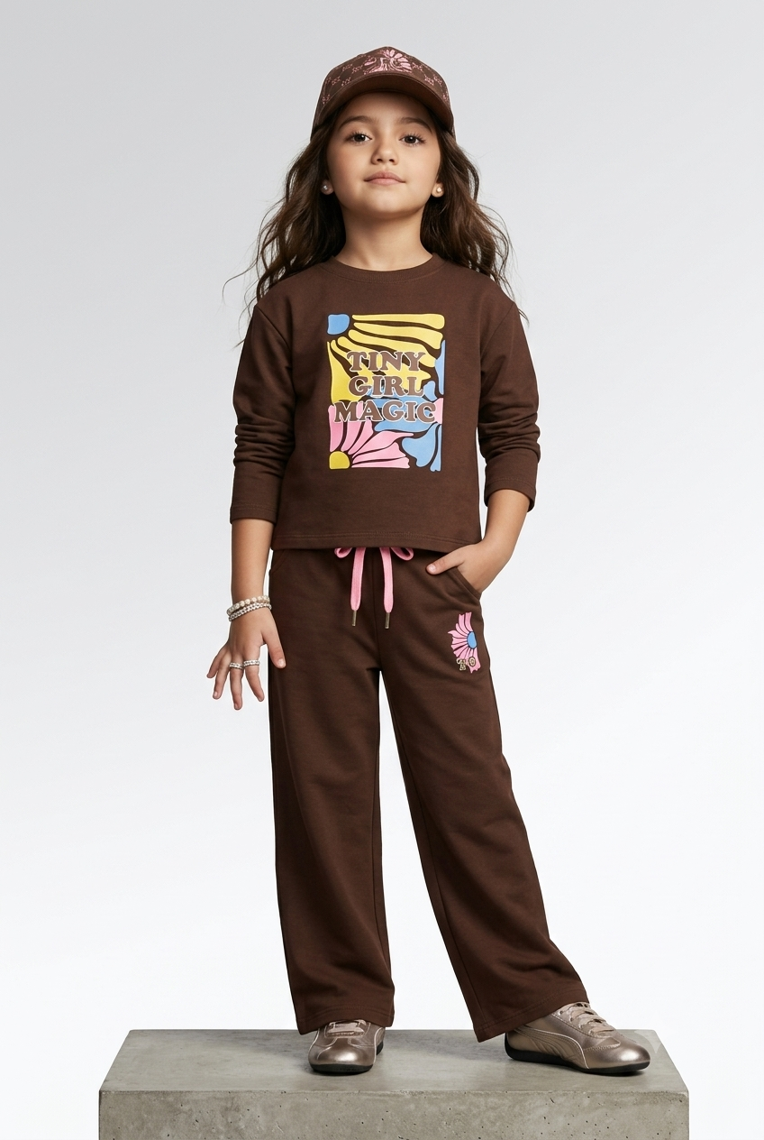 Brown Graphic Sweatshirt & Wide-Leg Pants Co-Ord Set 3508