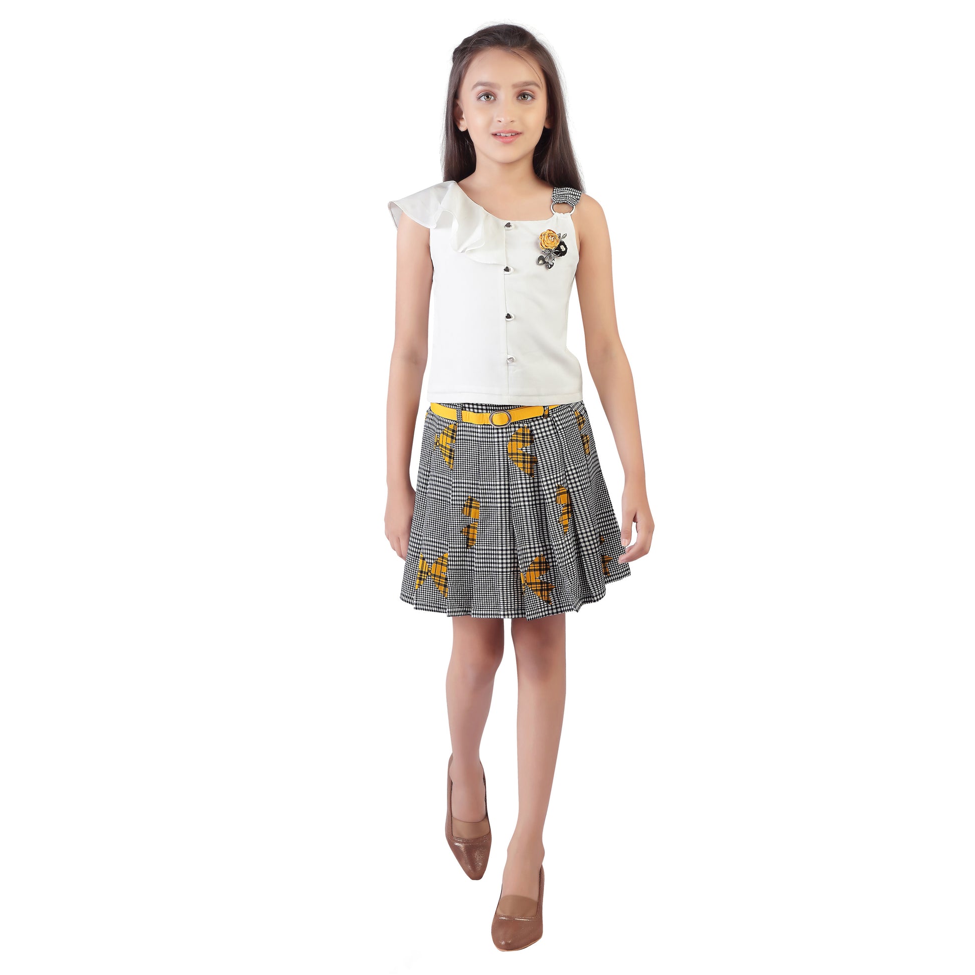 Checkered Skirt Set With Asymmetric Shirt Top