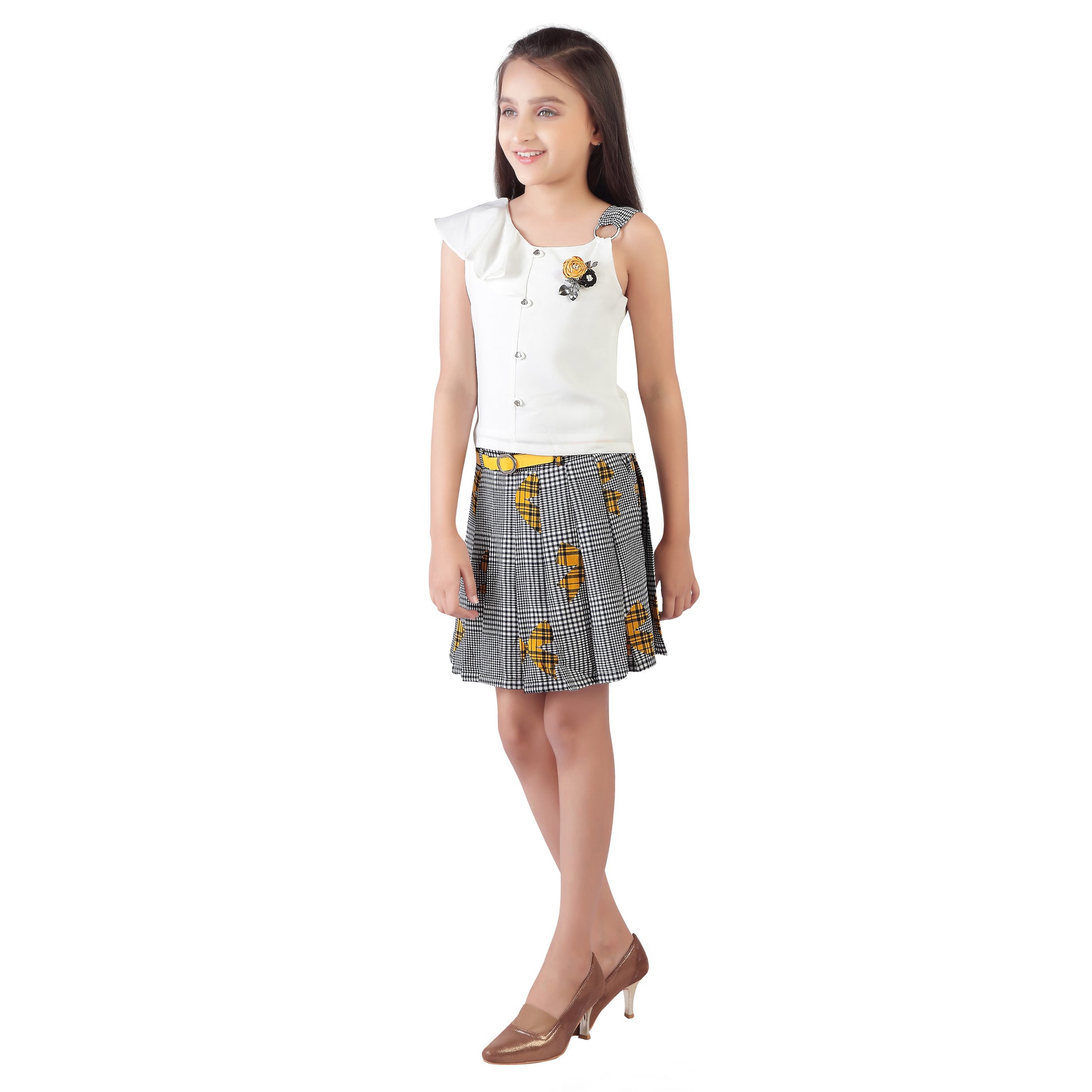 Checkered Skirt Set With Asymmetric Shirt Top