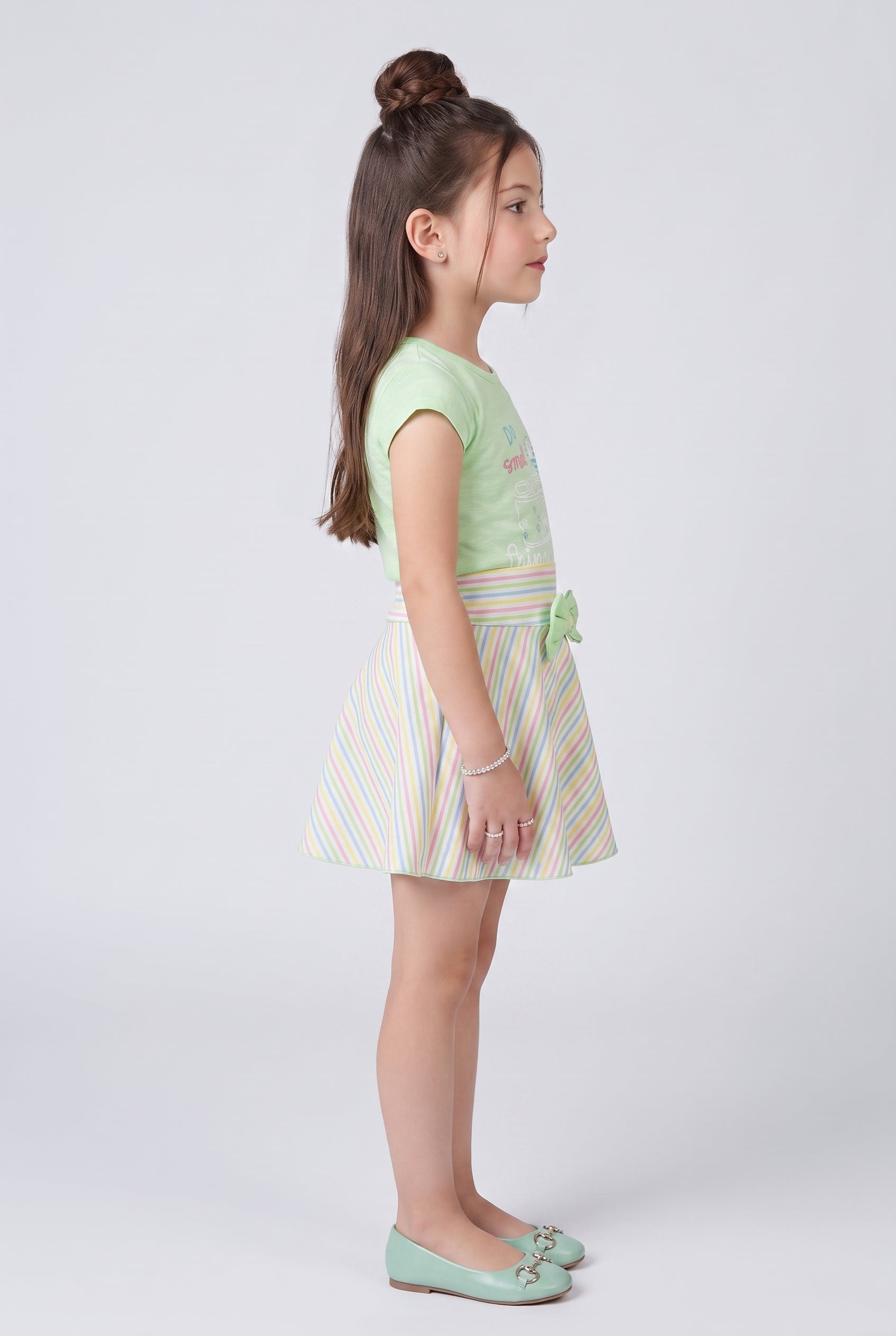 Pastel Green Graphic Top & Striped Skirt Set 734