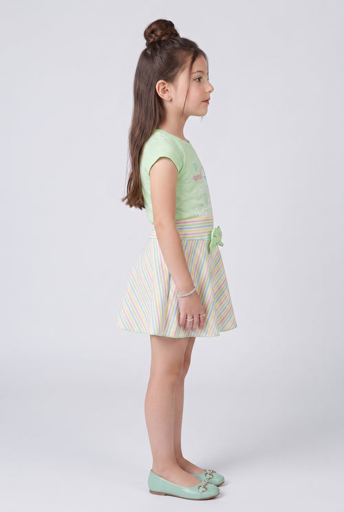 Pastel Green Graphic Top & Striped Skirt Set 734