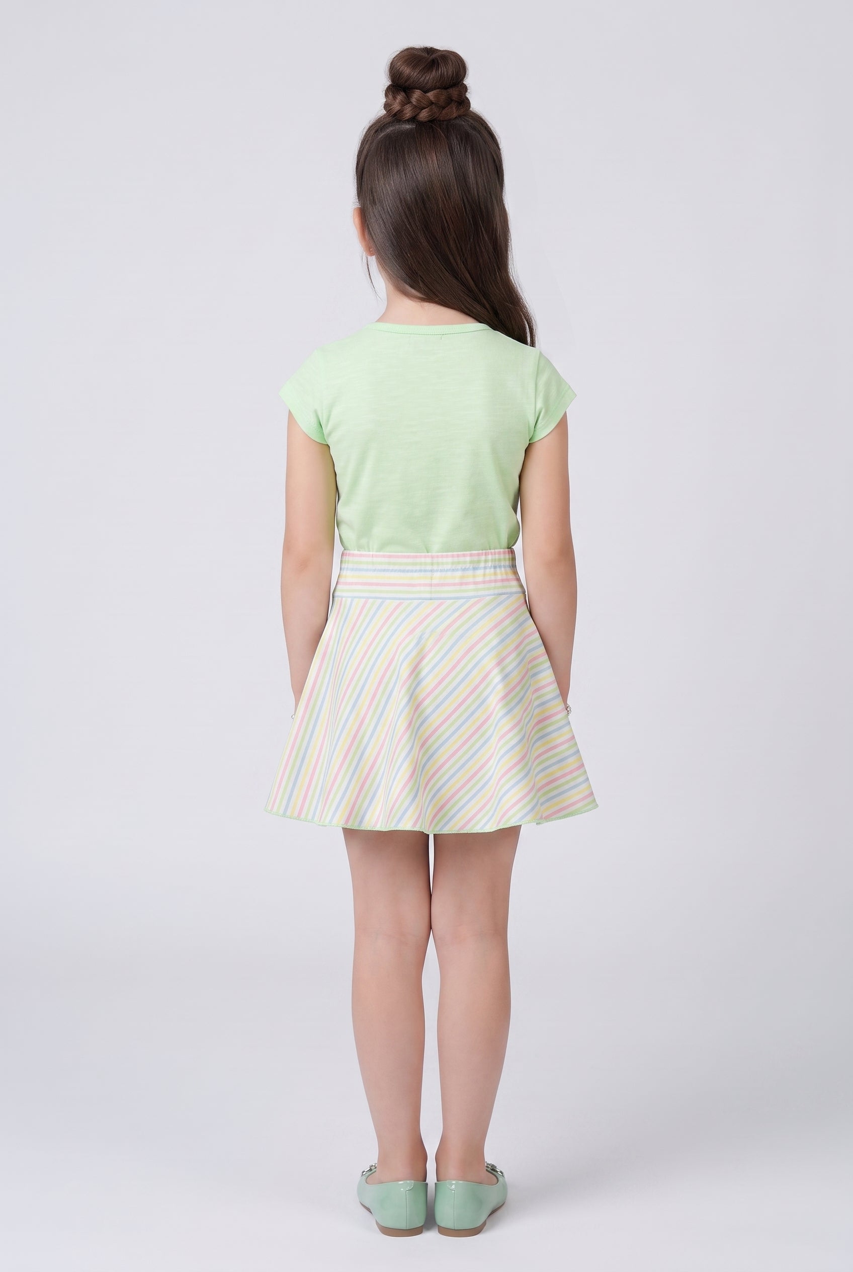 Pastel Green Graphic Top & Striped Skirt Set 734
