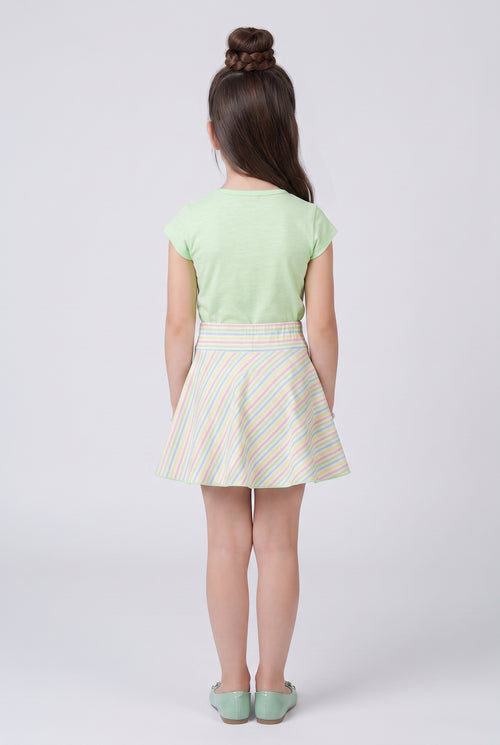 Pastel Green Graphic Top & Striped Skirt Set 734