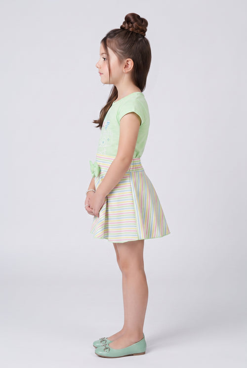 Pastel Green Graphic Top & Striped Skirt Set 734