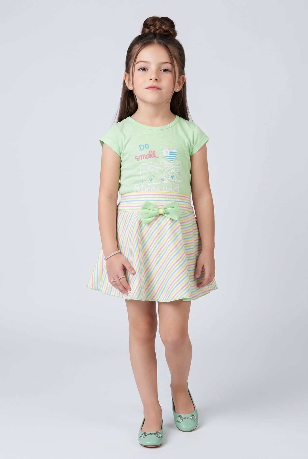 Pista Green Graphic T-Shirt & Pastel Striped Skirt Set 734