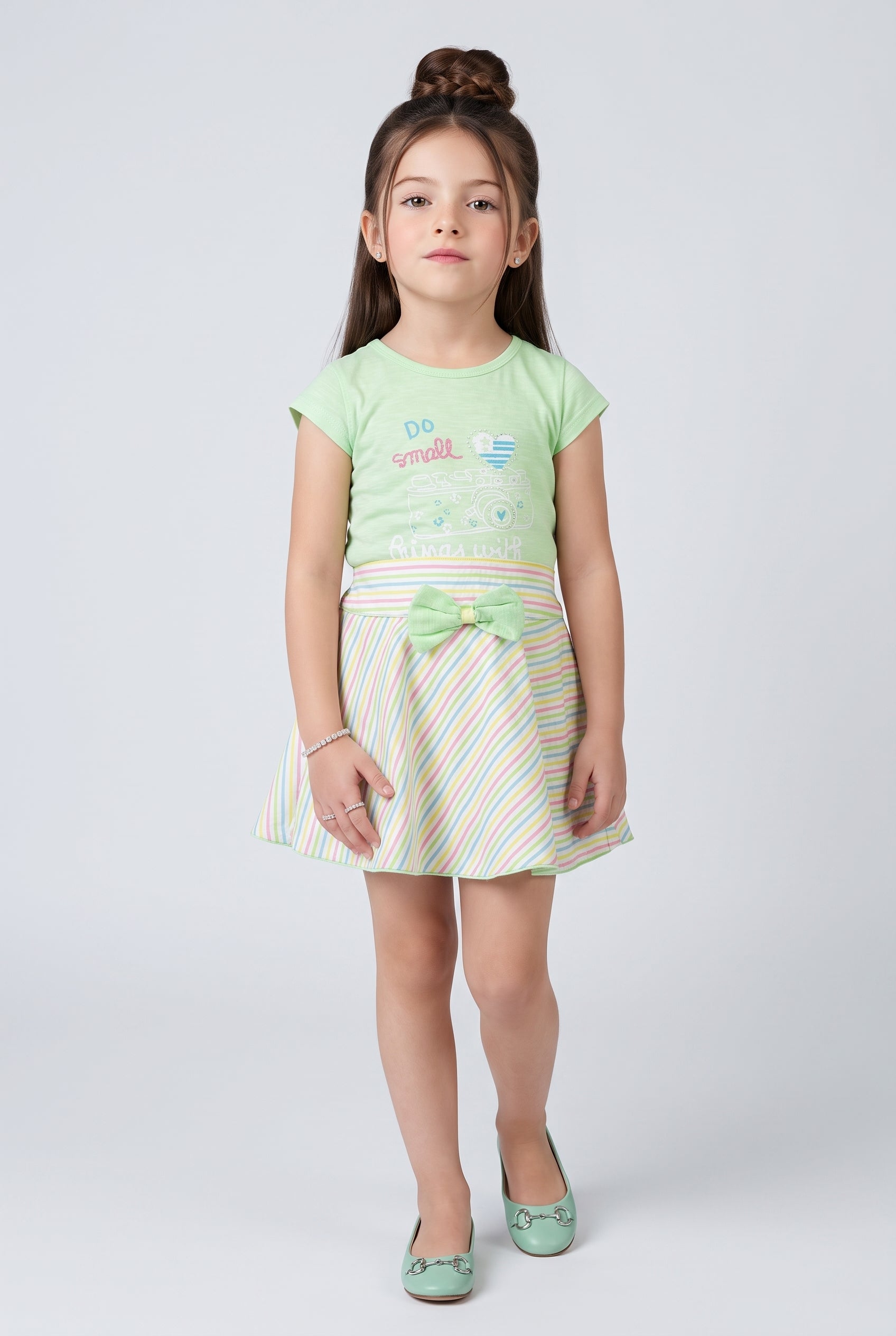Pastel Green Graphic Top & Striped Skirt Set 734