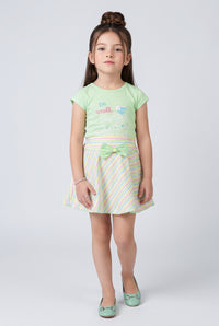 Pastel Green Graphic Top & Striped Skirt Set 734