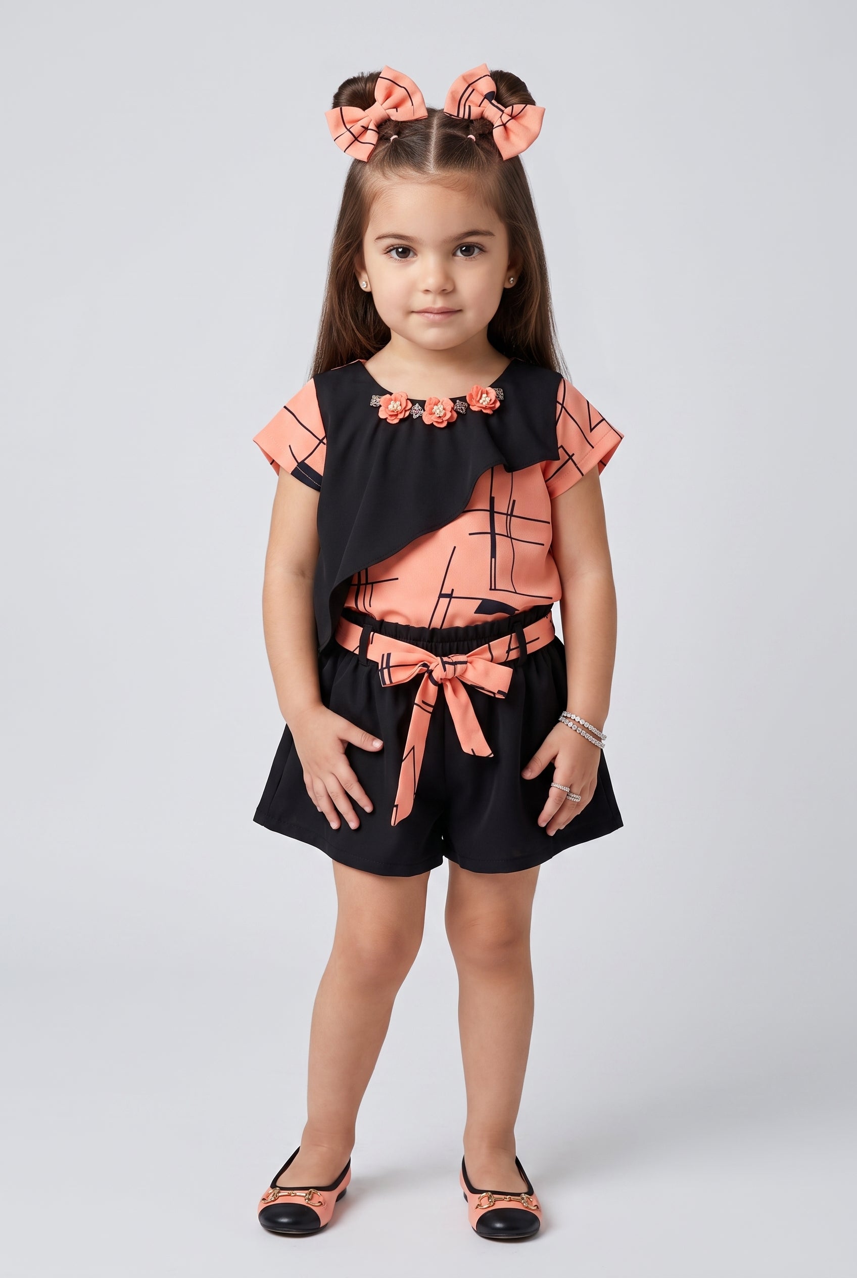 Peach & Black Printed Top with Shorts Set 760