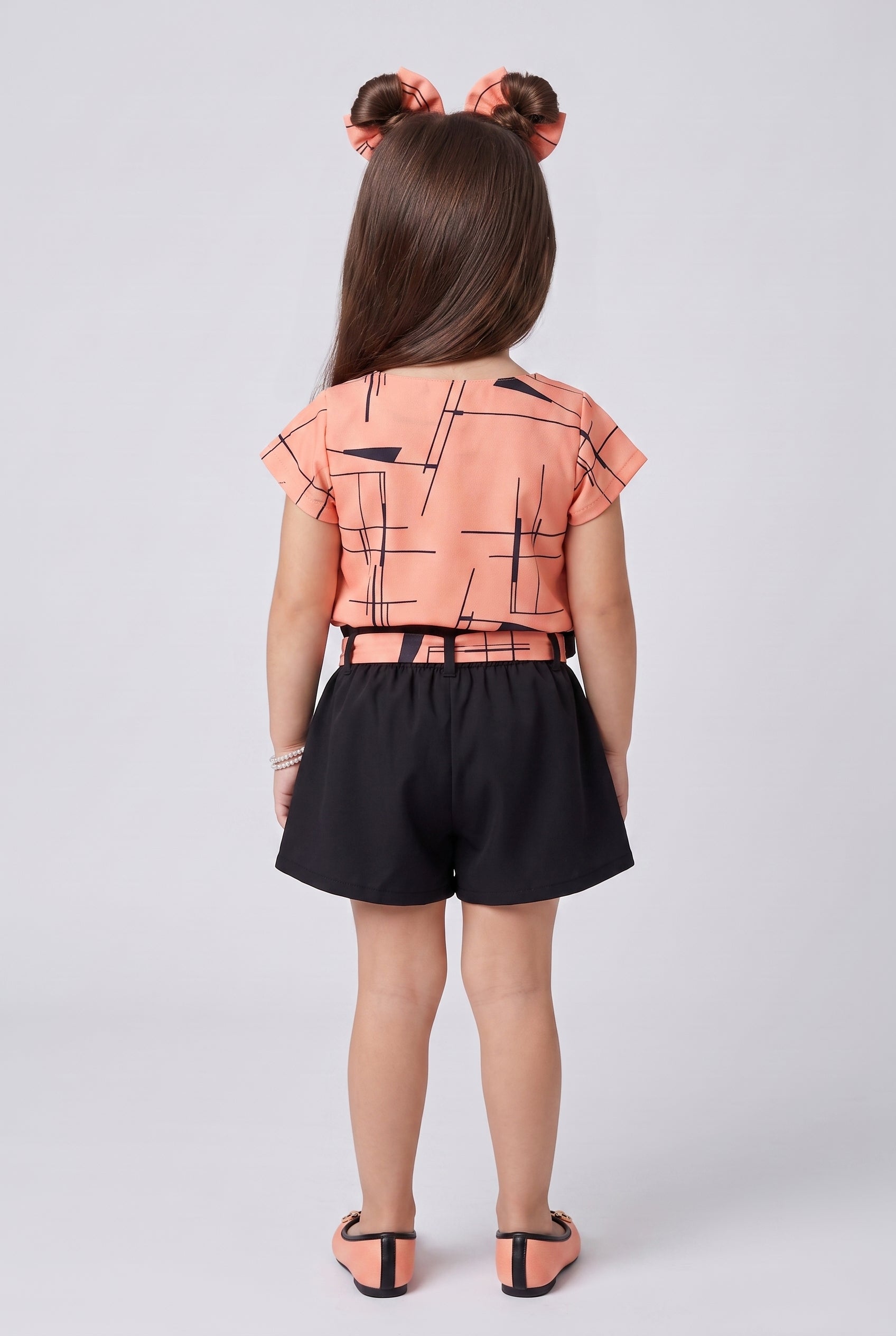Peach & Black Printed Top with Shorts Set 760