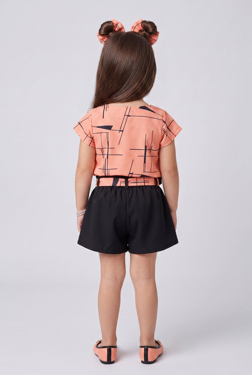 Peach & Black Printed Top with Shorts Set 760